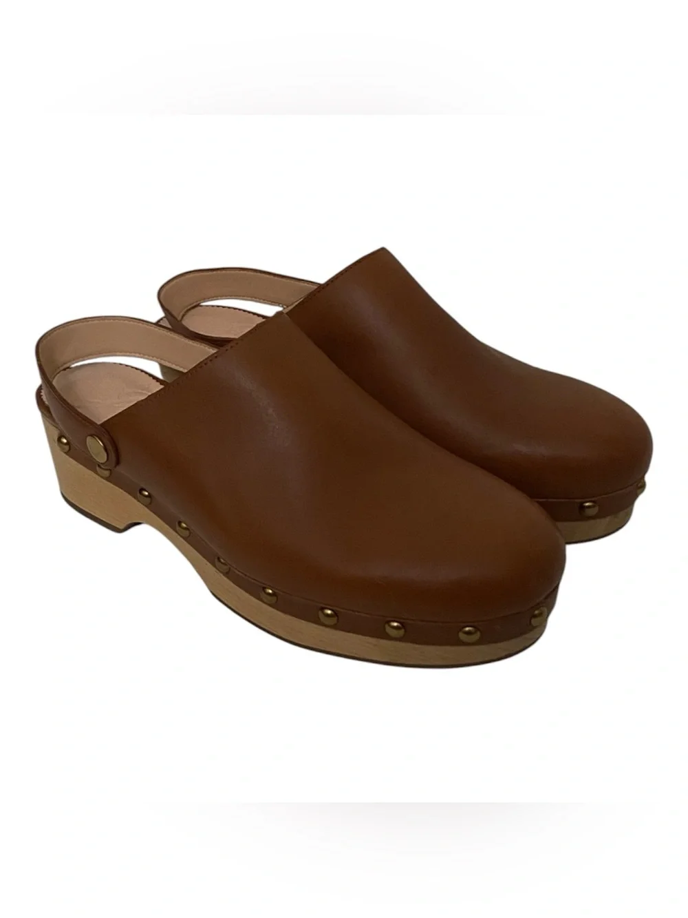 Women's Brown Leather Clog Mules with Studded Wood-Look Sole